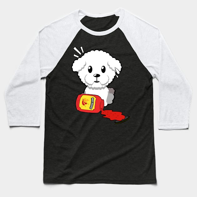 Cute furry dog Spills Hot Sauce Tabasco Baseball T-Shirt by Pet Station